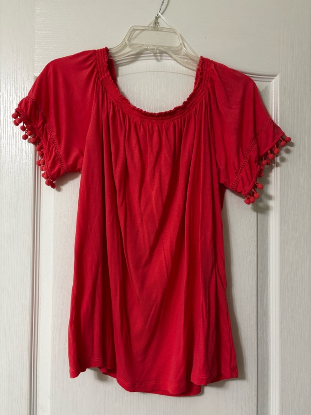 Laura Scott Hot Pink Pom-Pom Sleeve Peasant Top.  Size XL.